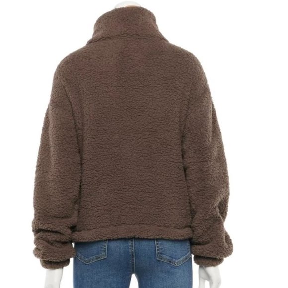 Womens Sherpa Sweater SO Brown Medium Collared Snap Neck Pullover Dolman Sleeves - Picture 2 of 6
